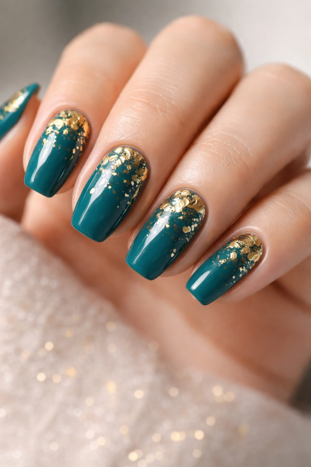 Close-up of deep teal nails with irregular gold foil accents for a luxe manicure
