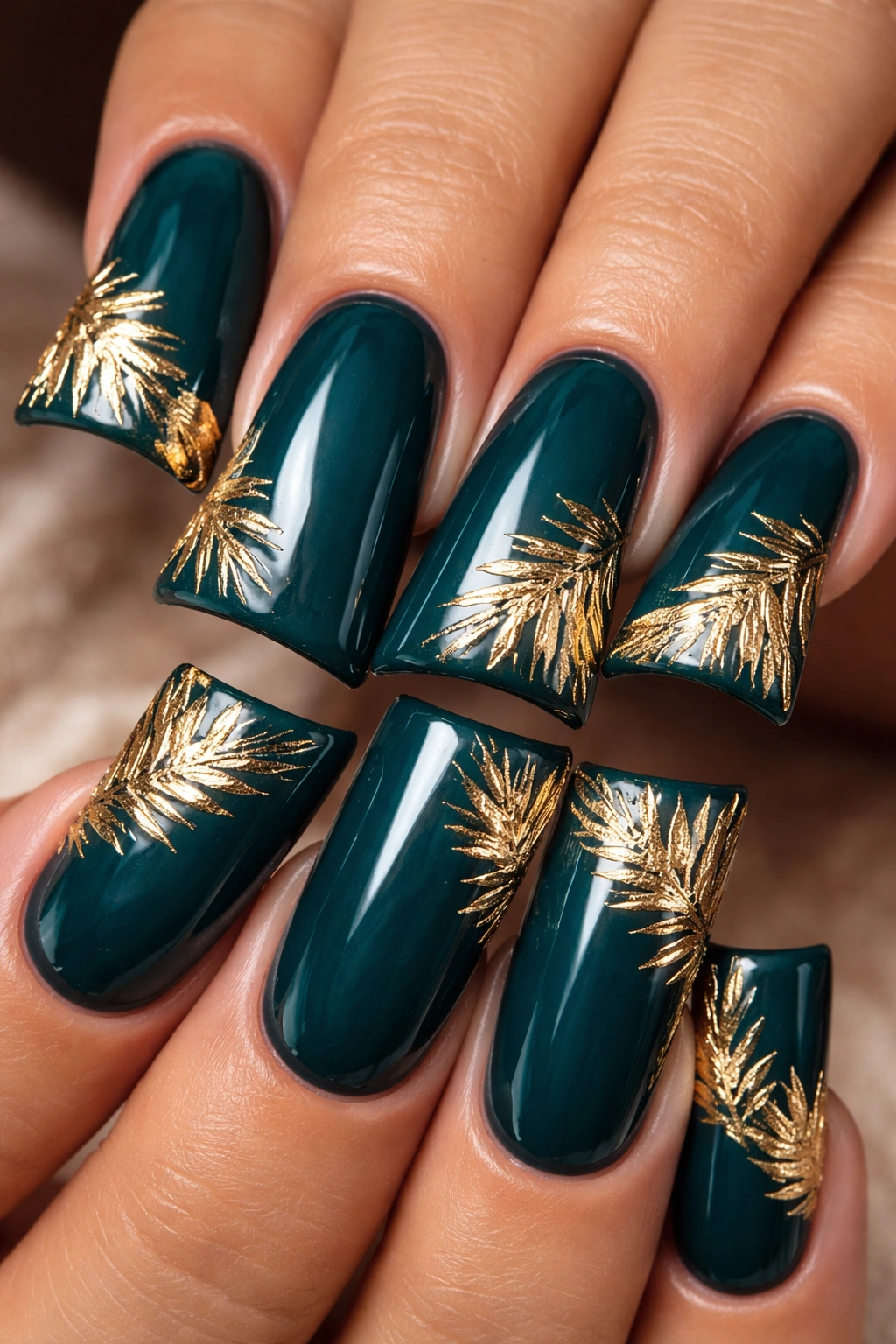 Duck nails in deep teal with gold foil palm silhouettes