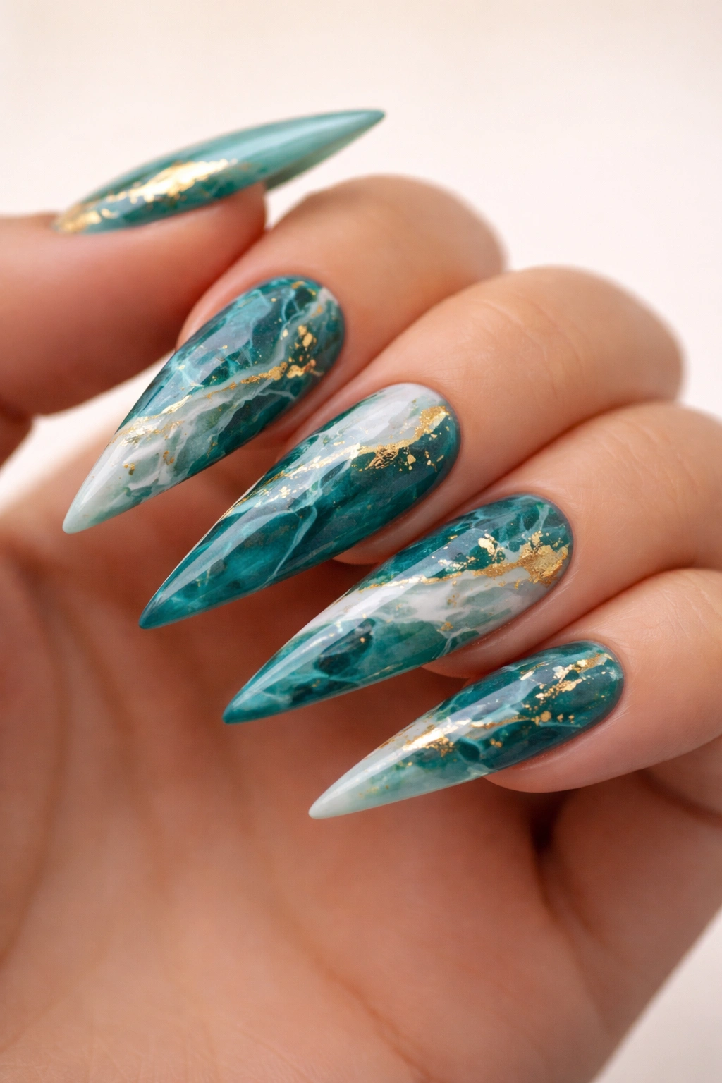 Teal nails with gold leaf and marble veining