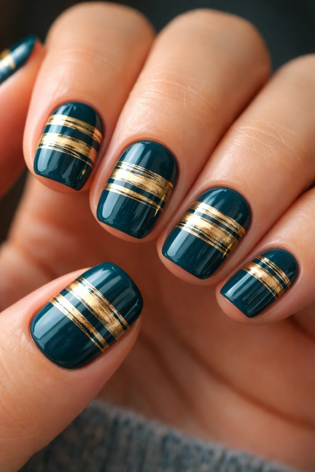 Close-up of deep teal nails with brushed gold horizontal stripes