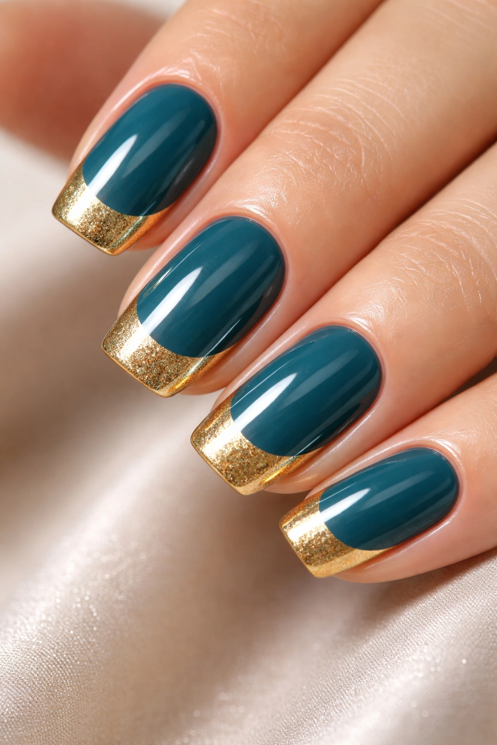 Close-up of teal nails with gold tips and crisp edge for a modern French manicure