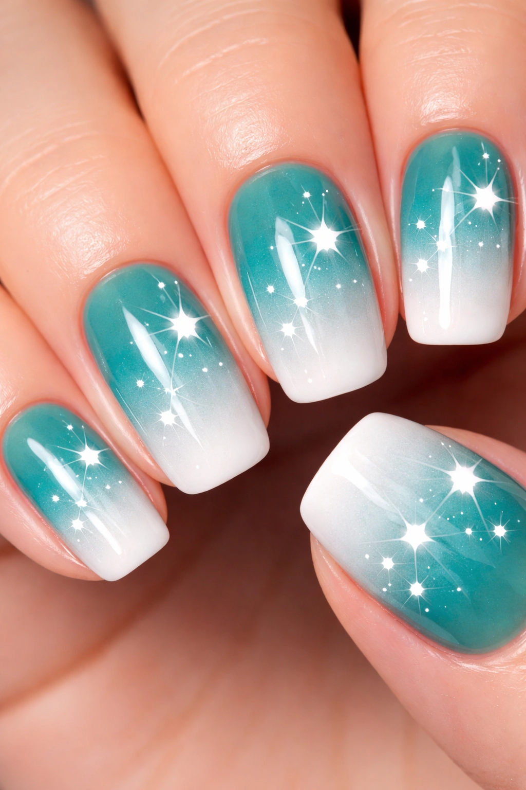 Teal nails with star-tipped gradient fade