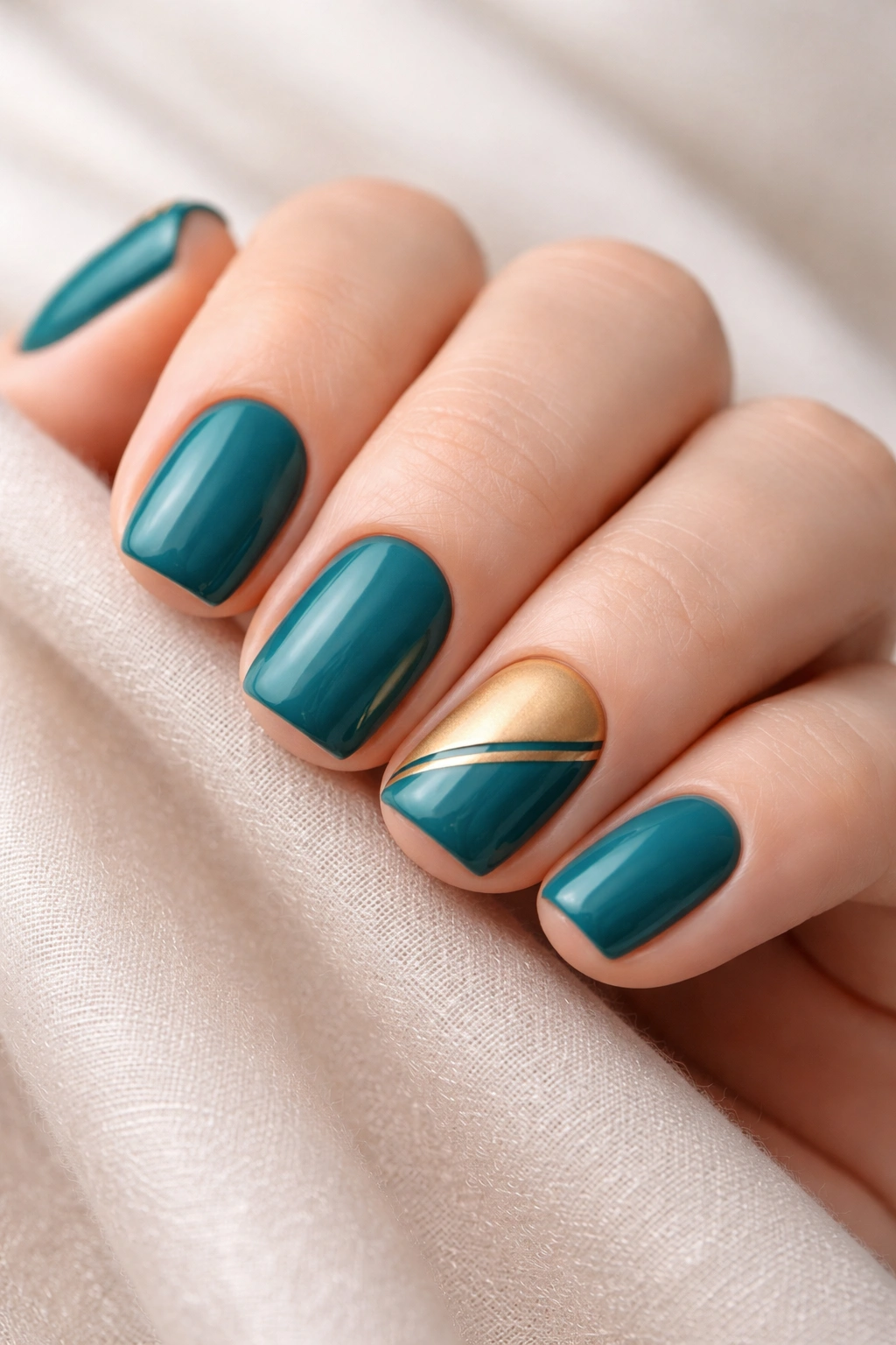 Teal nails with gold matte accents on accent nails