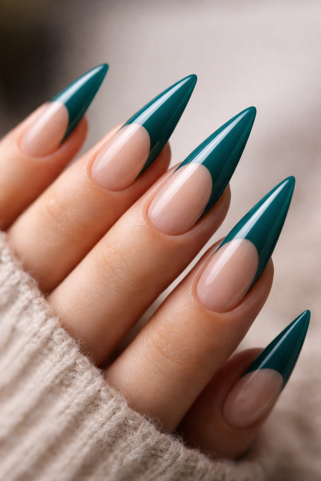 Teal nails with negative space at tip on stiletto nails