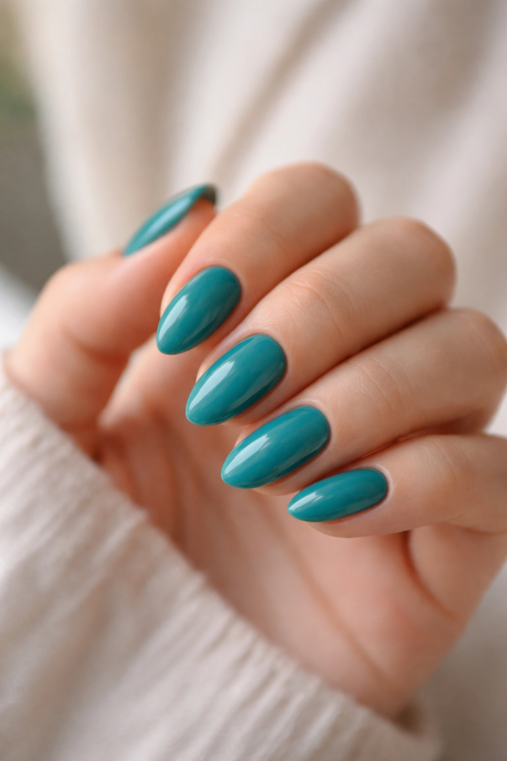 Close-up of teal almond nails on a hand against a neutral background