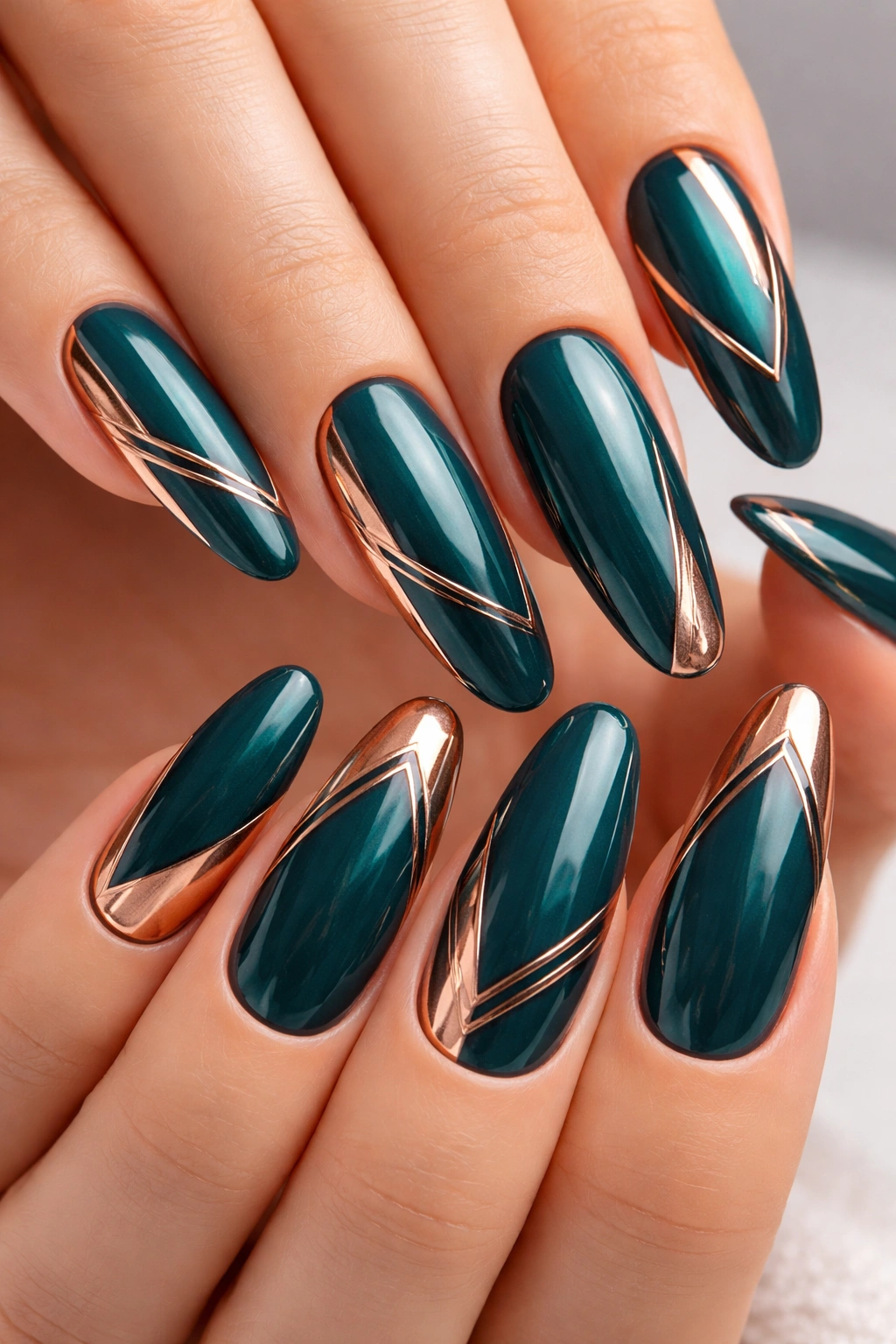 Deep teal nails with rose gold geometric inlay on long rounded nails