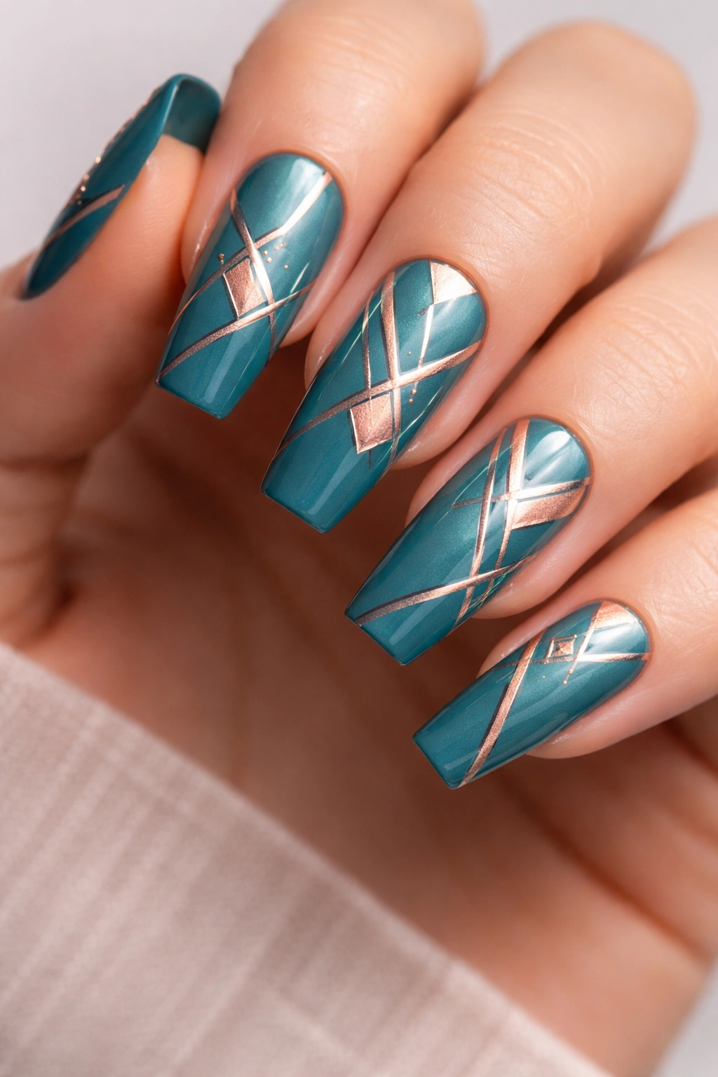 Teal blue nails with rose gold geometric accents.
