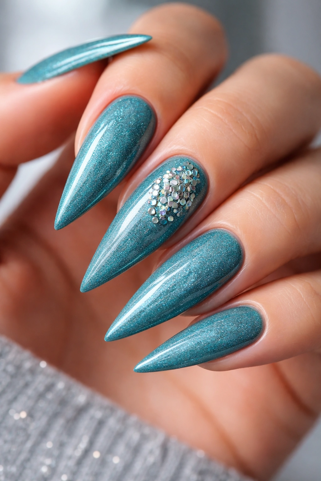 Teal stiletto nails with subtle shimmer and confetti center accent
