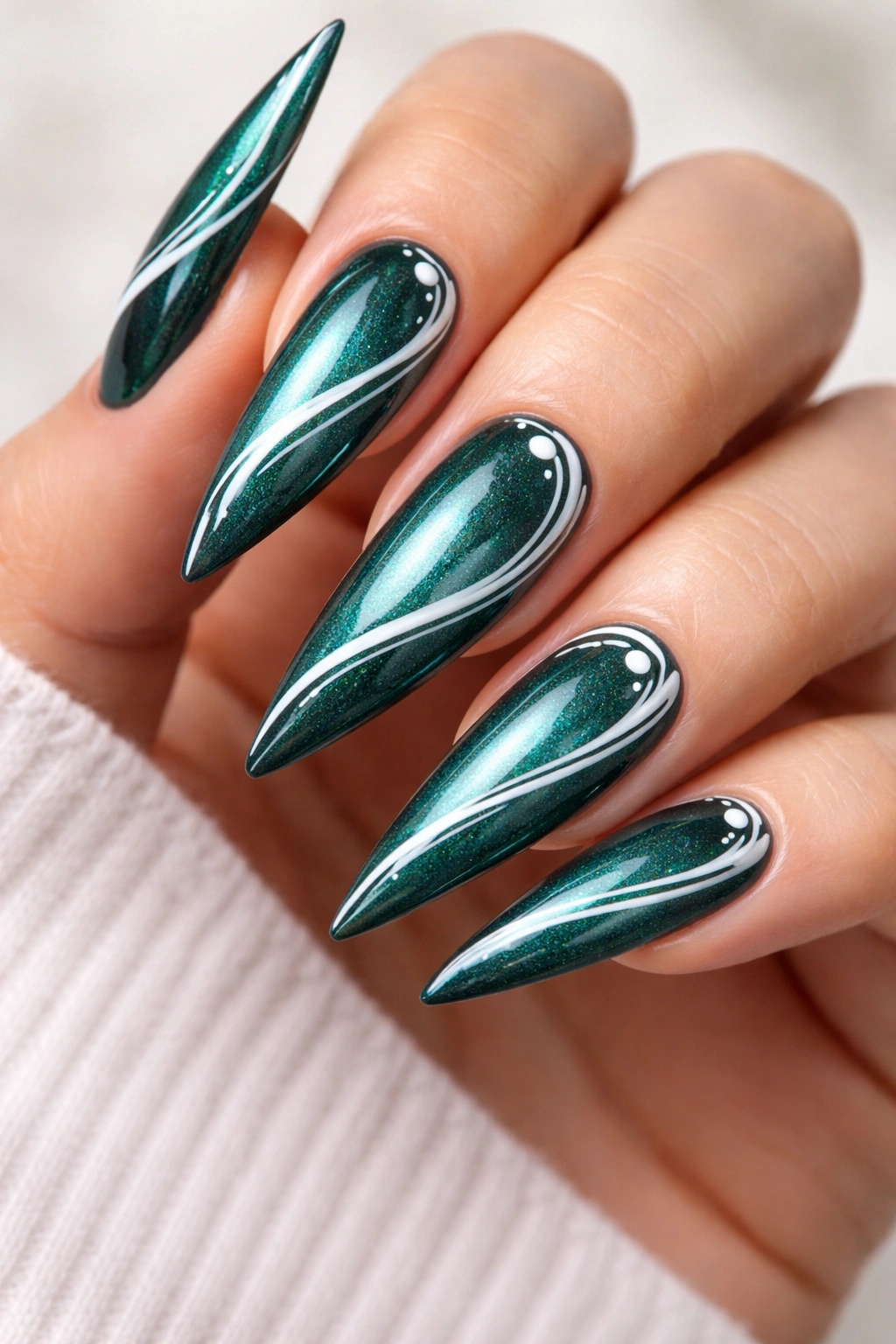 Close-up of deep teal-green stiletto nails with pearlescent shimmer and white accents