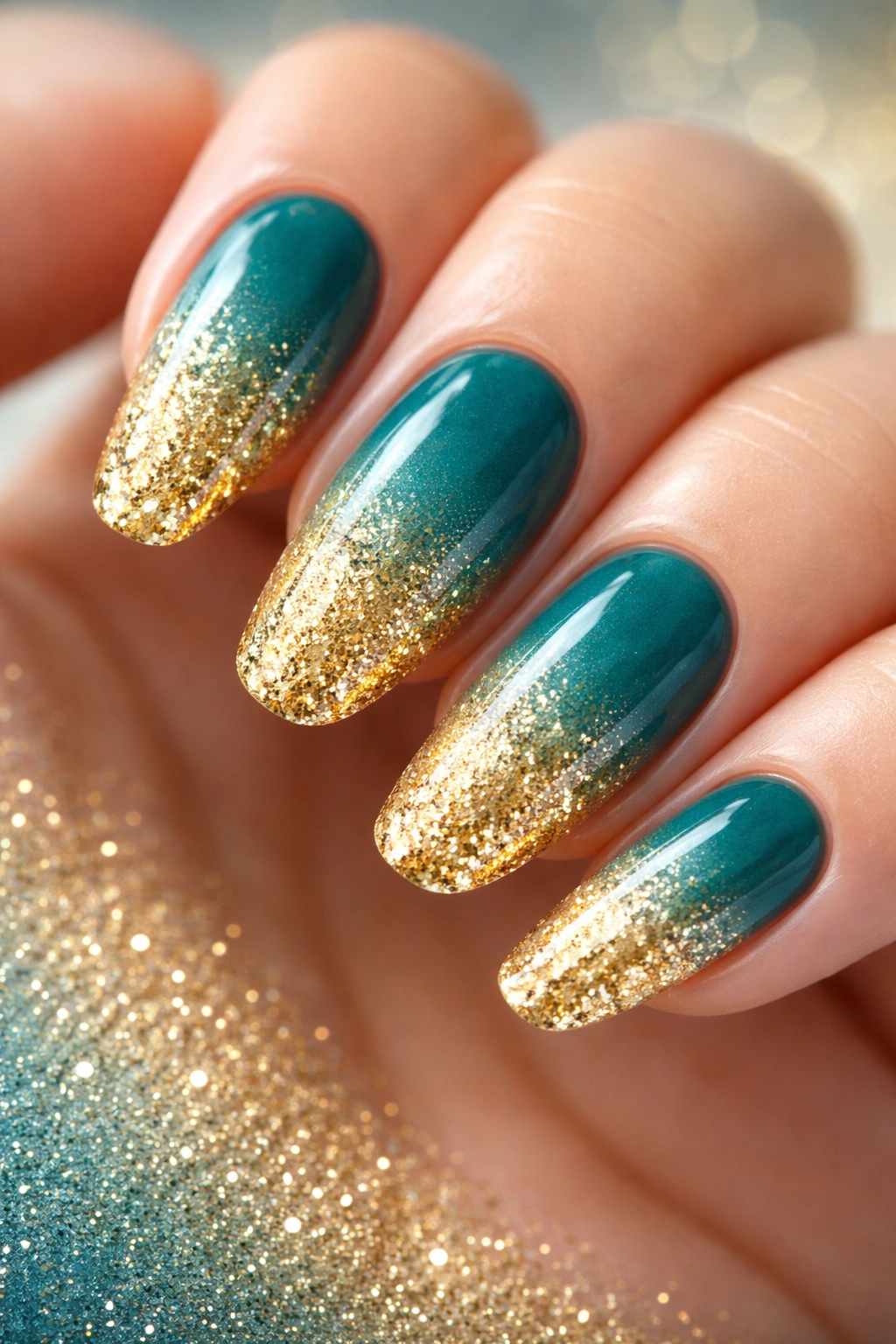 Close-up of teal to gold ombre nails with glitter at tips