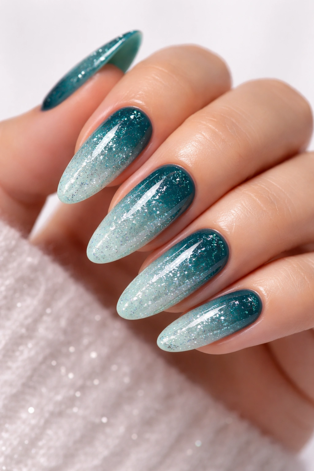 Close-up of teal ombre nails with glitter accents on a hand, studio lighting