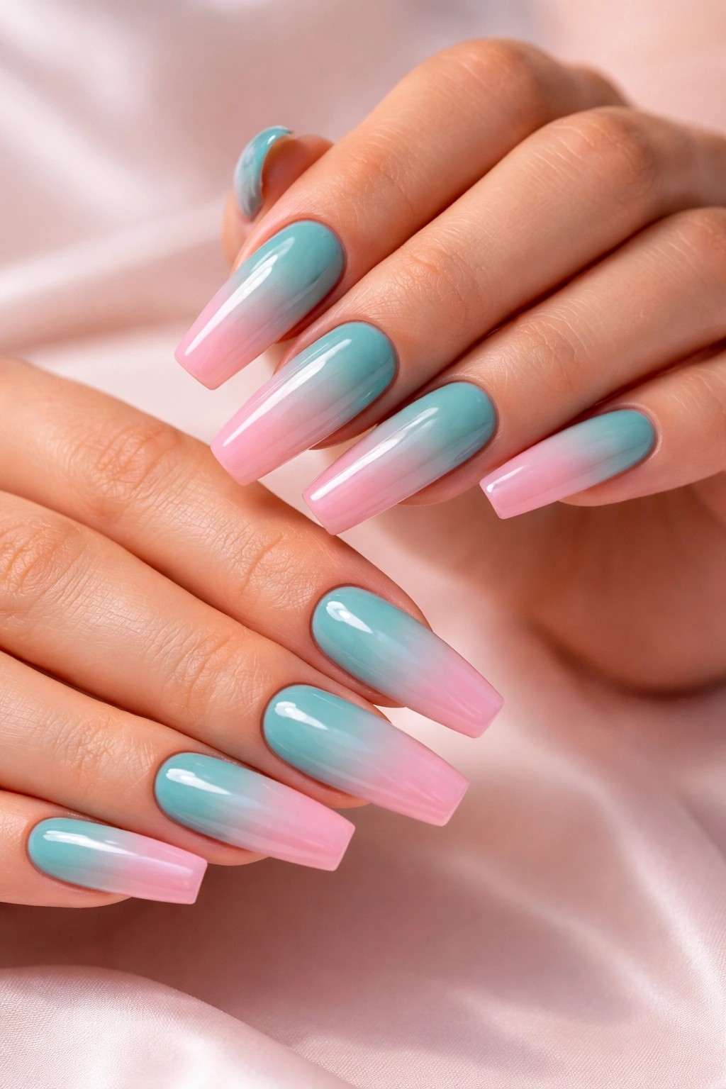 Teal to pink ombre coffin nails with glossy finish