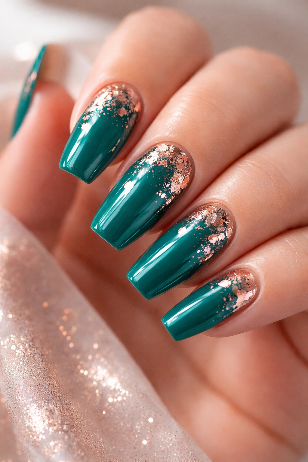 Close-up of teal nails with rose gold foil accents