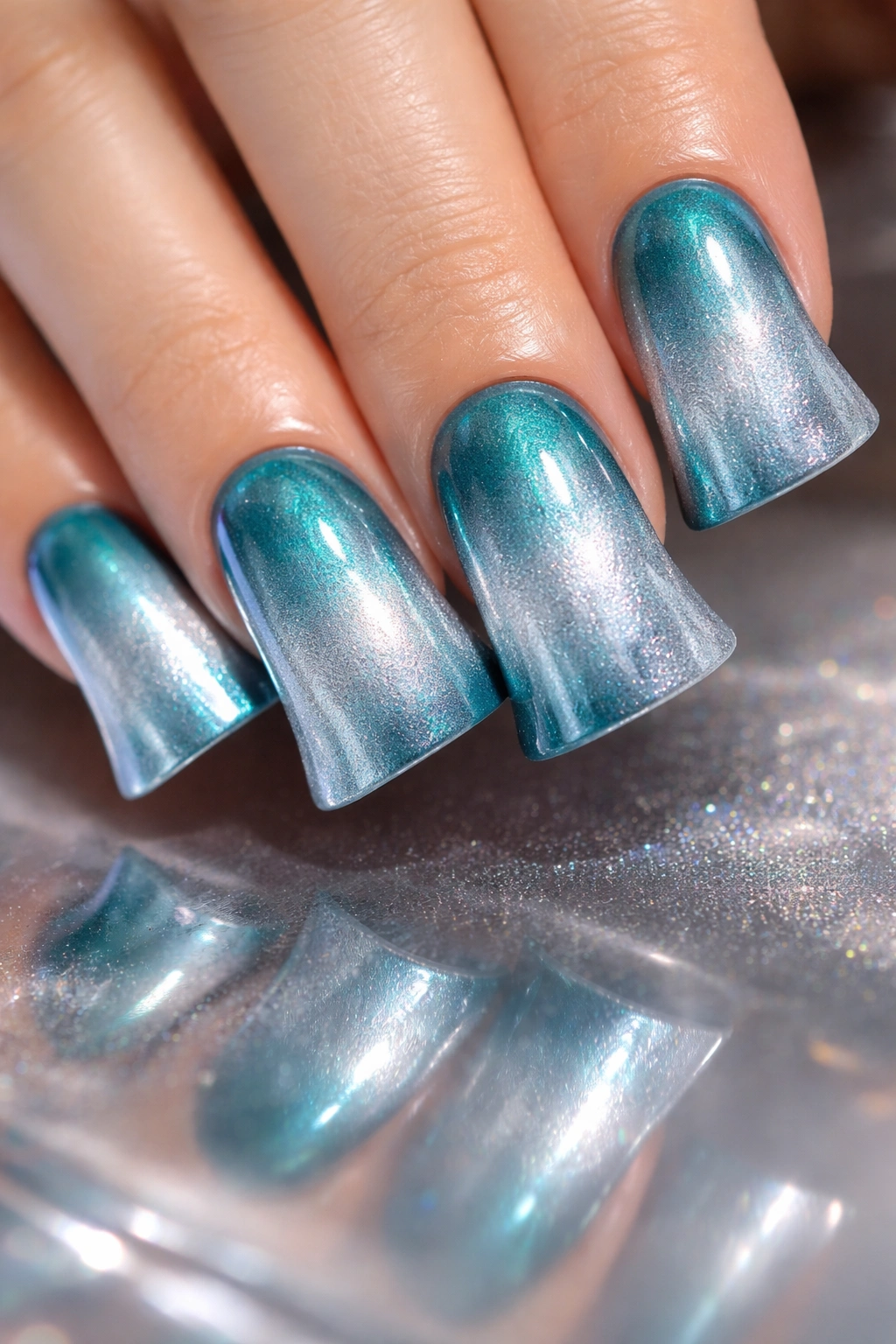 Duck-shaped nails teal to silver blue metallic ombre with shimmer.