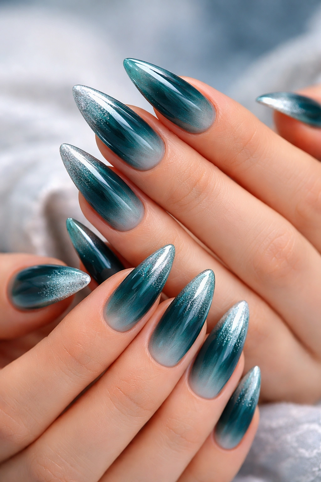 Close-up of medium stiletto nails with teal to silver ombre