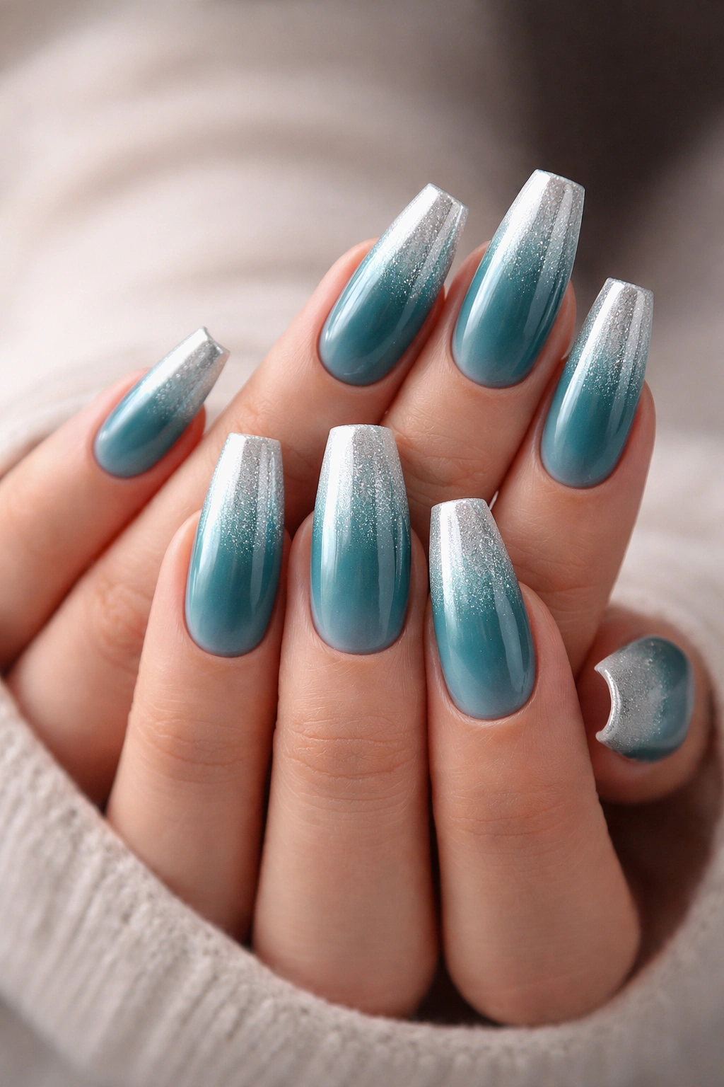 Teal to silver ombre coffin nails with smooth gradient