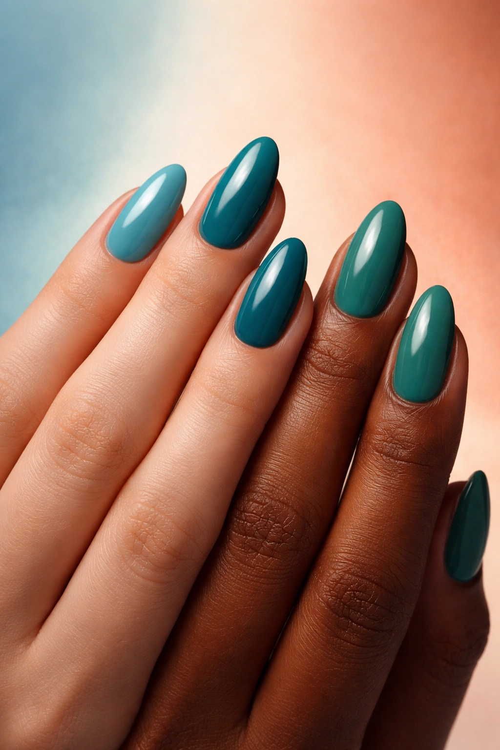 Close-up of teal nails on a hand with a gradient background suggesting undertones