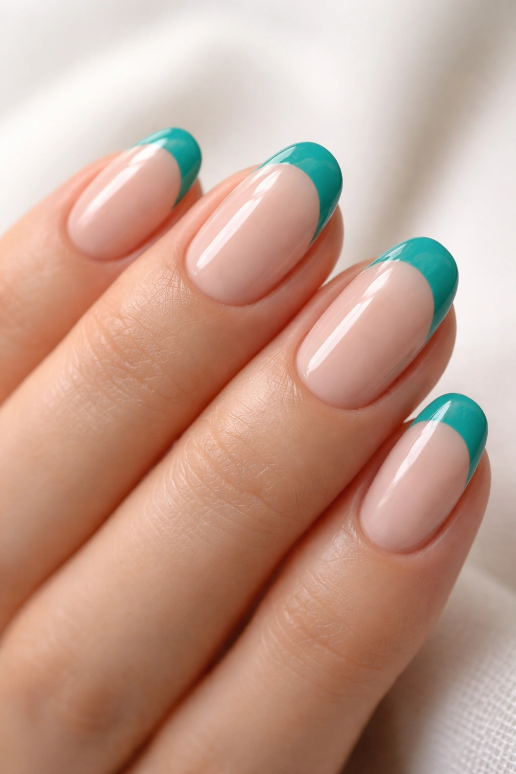 Close-up of short oval nails with teal tips on nude base