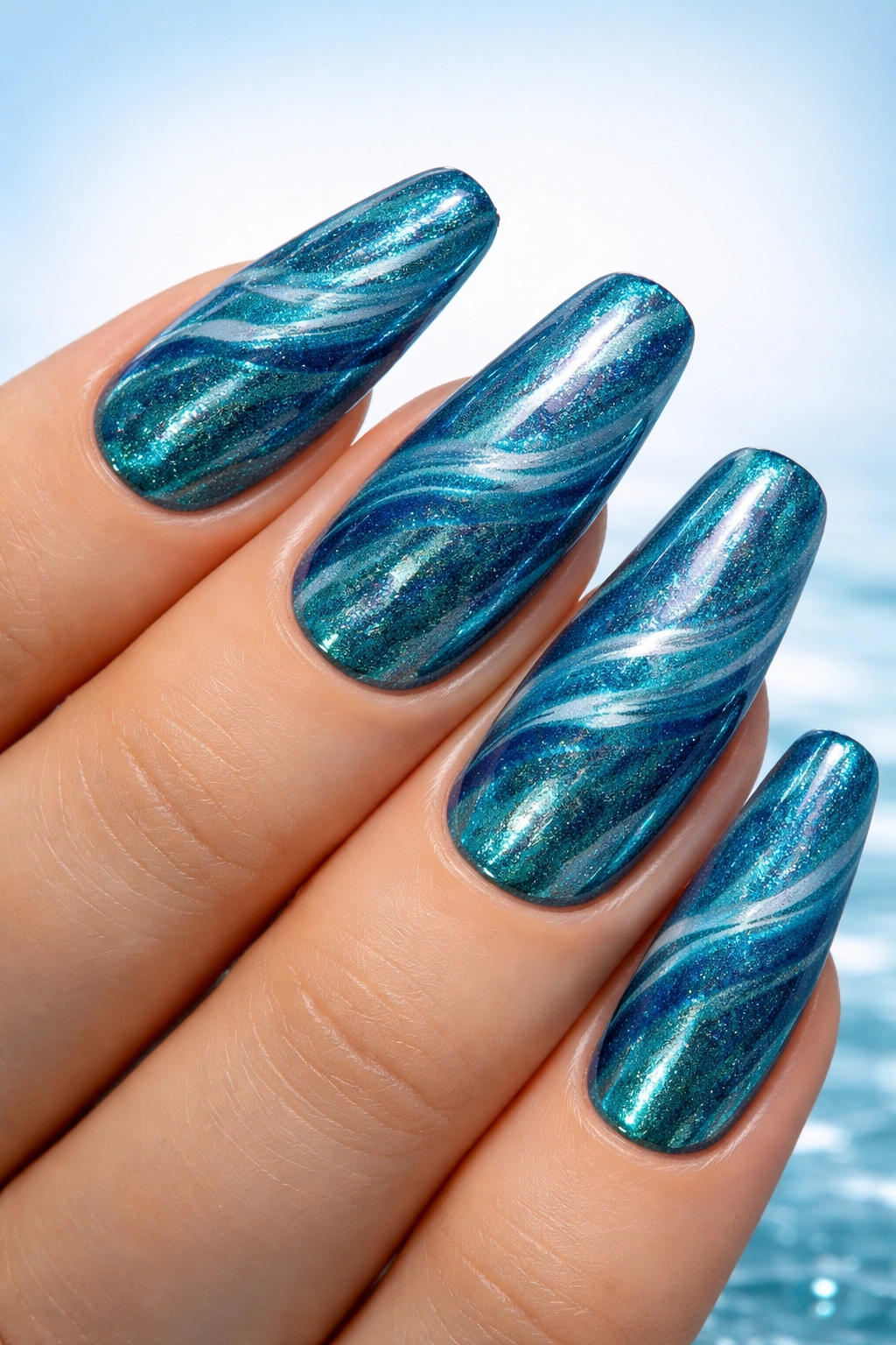 Close-up of teal velvet nails showing wave-like magnetic shimmer