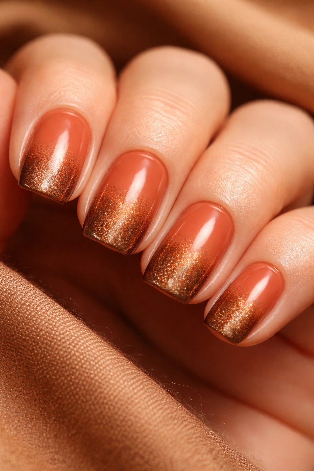 Terracotta to bronze ombre on short squoval nails.