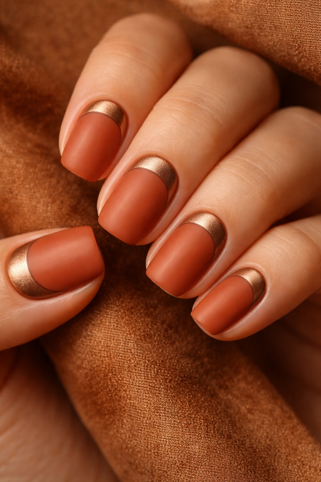 Close-up of short squoval nails in terracotta with bronze reverse French at the base