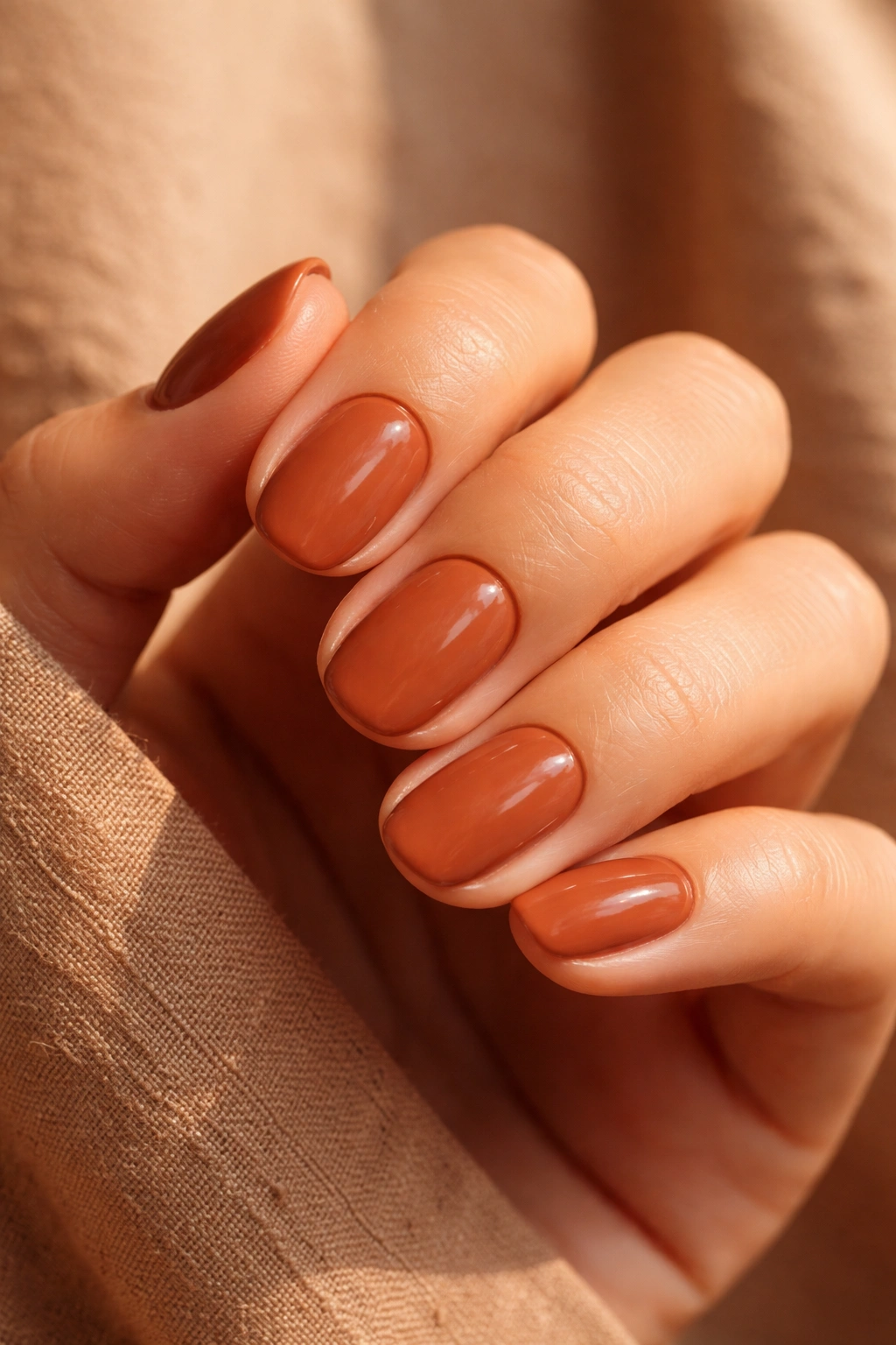 Close-up of short oval terracotta brown nails with sun-baked warmth on neutral backdrop