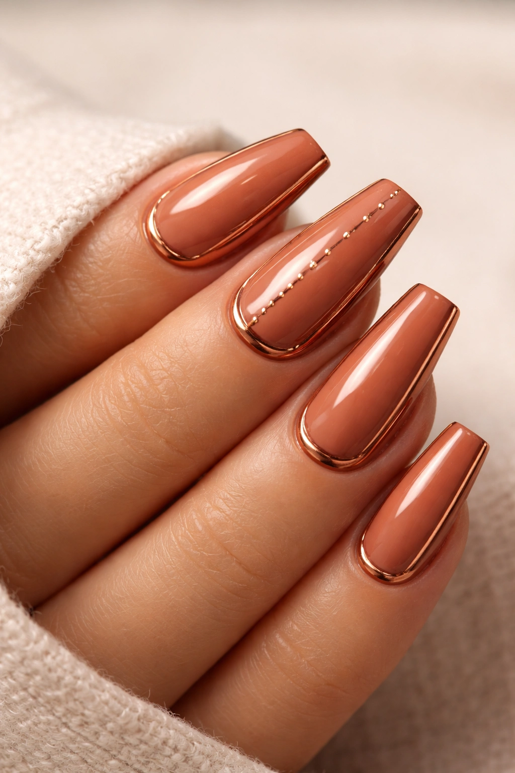 Close-up of medium coffin nails in warm terracotta with copper metallic accents