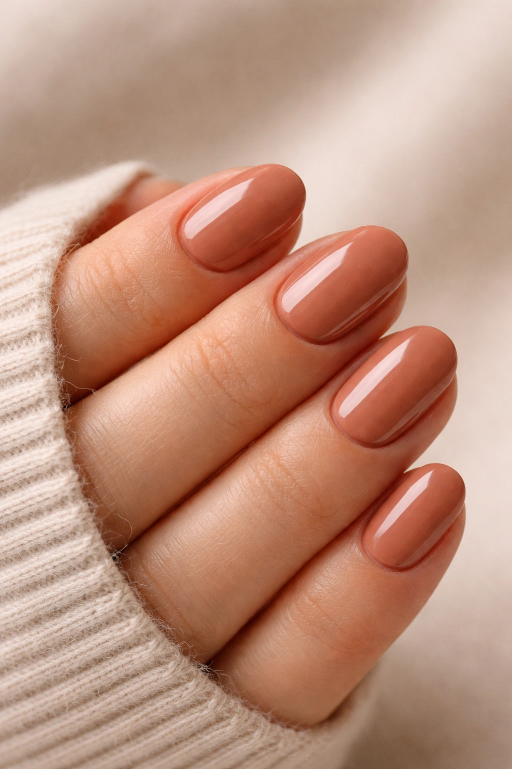 Close-up of terracotta cream nails on short oval shape