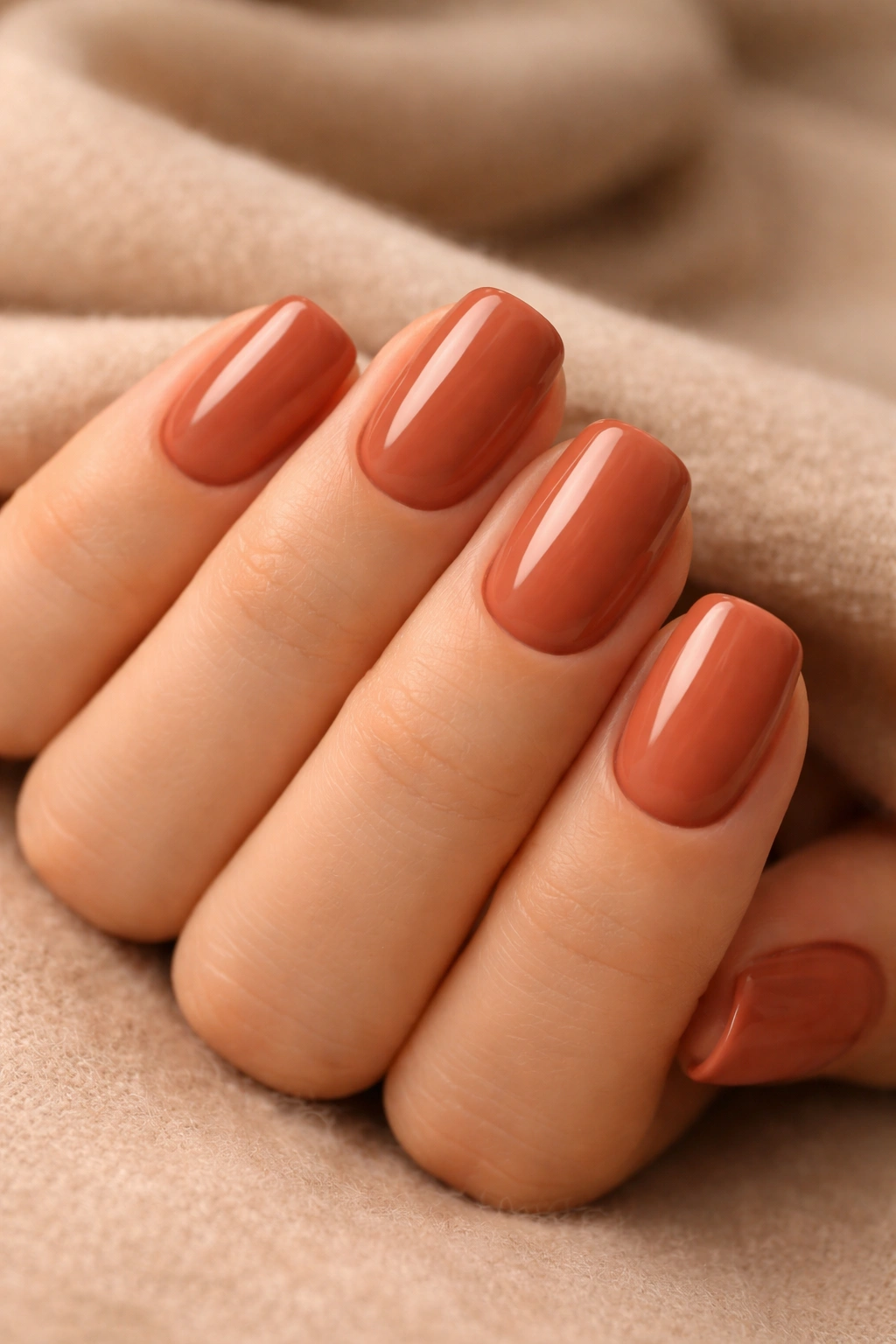 Close-up of terracotta cream squoval nails on a natural surface