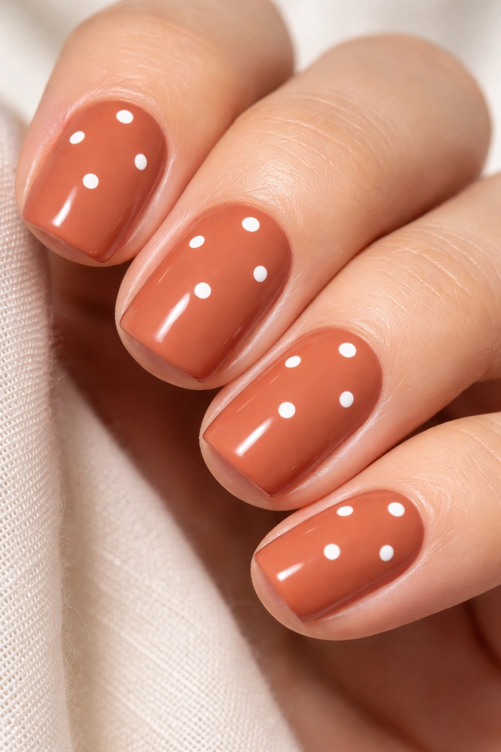 Terracotta nail with minimalist white dot pattern