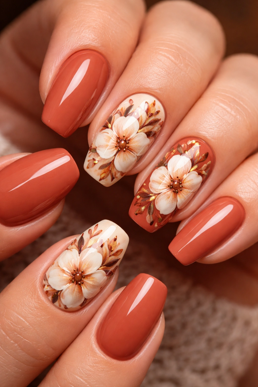 Close-up of terracotta nails with cream and rust floral designs
