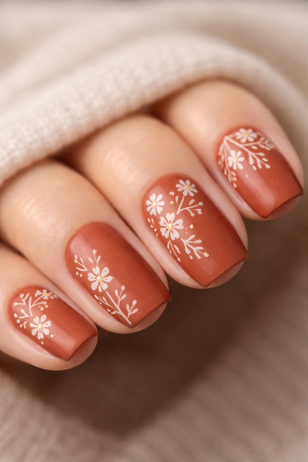 Terracotta nail with delicate white floral accents