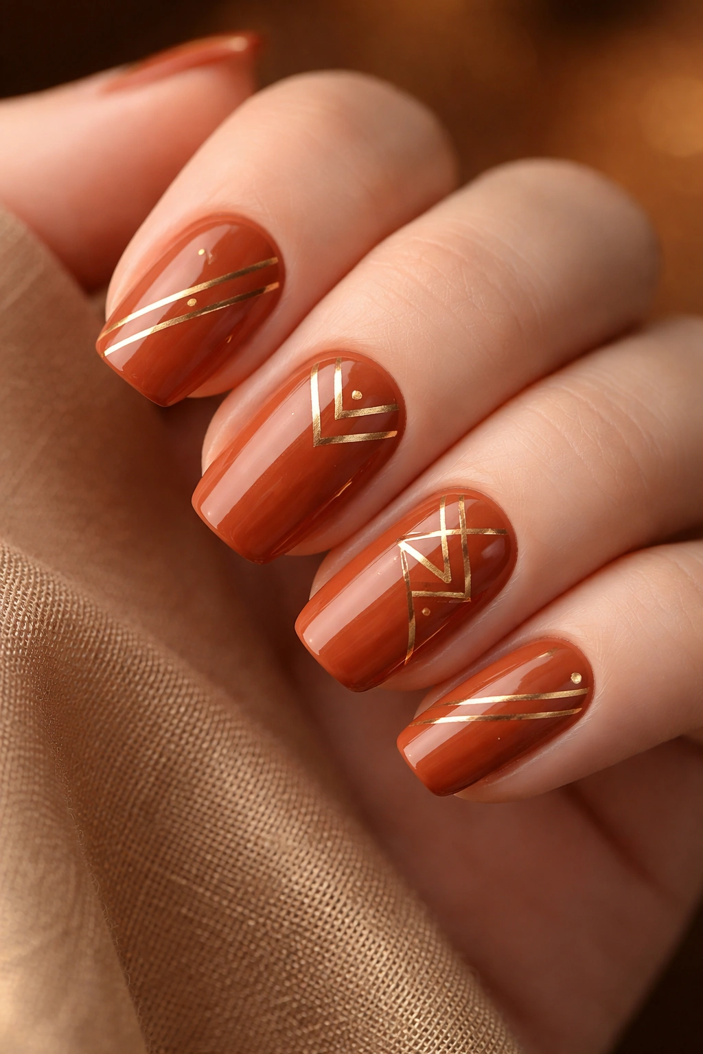 Terracotta nails with gold stripes and geometric patterns