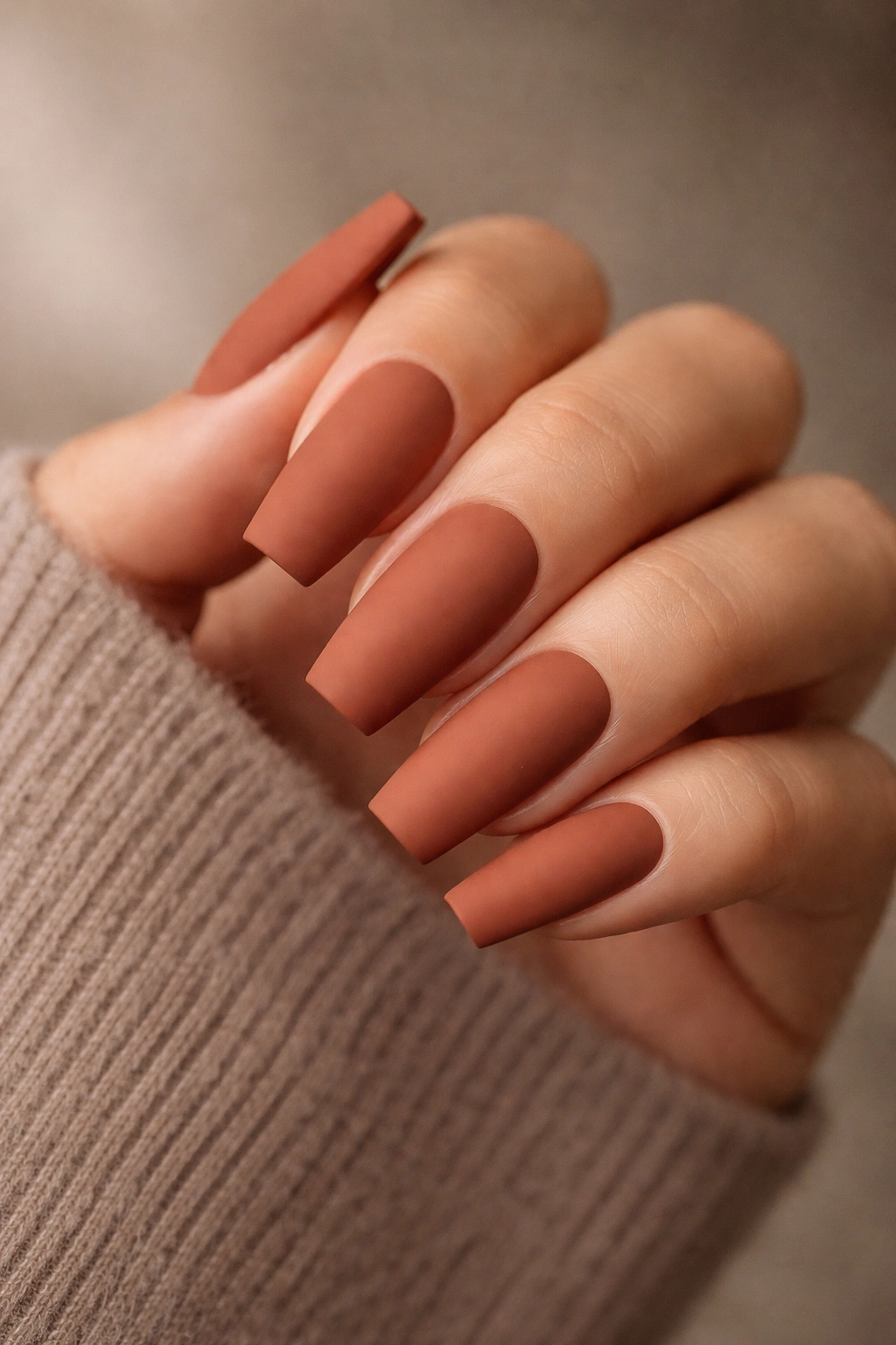 Close-up of medium coffin nails in terracotta matte finish
