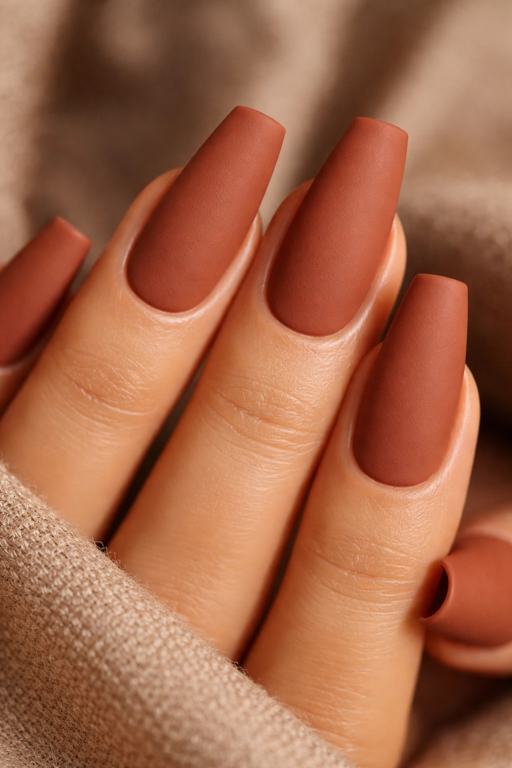 Close-up of terracotta brown matte nails on a ballerina shape with warm orange-red undertones