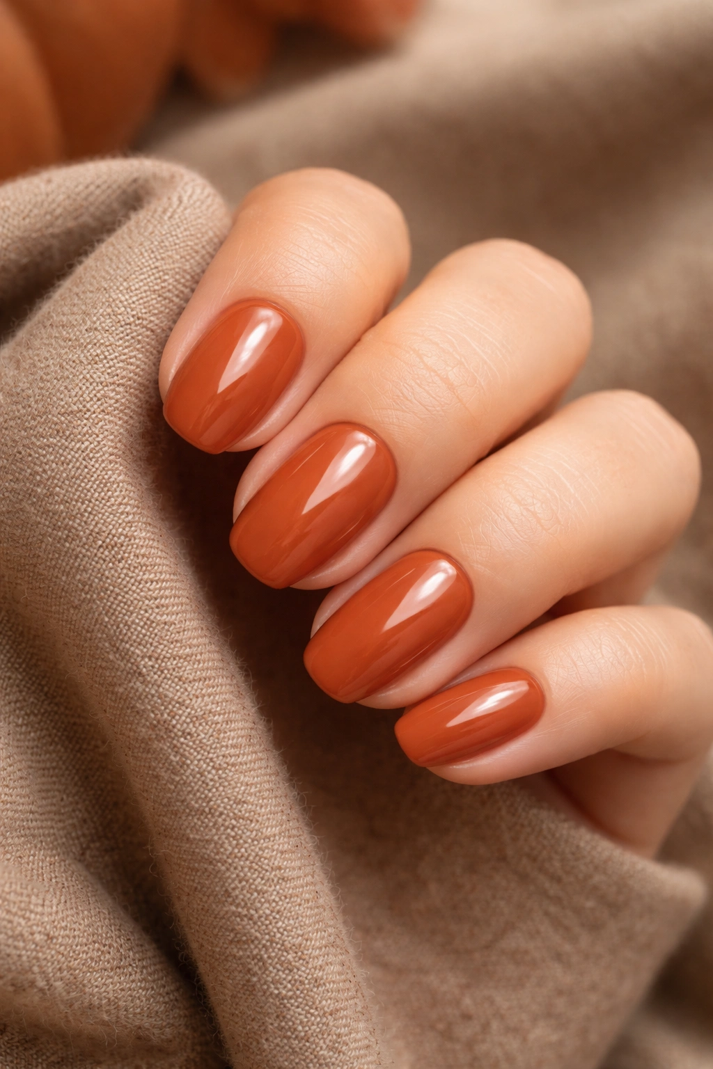 Close-up of terracotta nails on a hand with earthy background