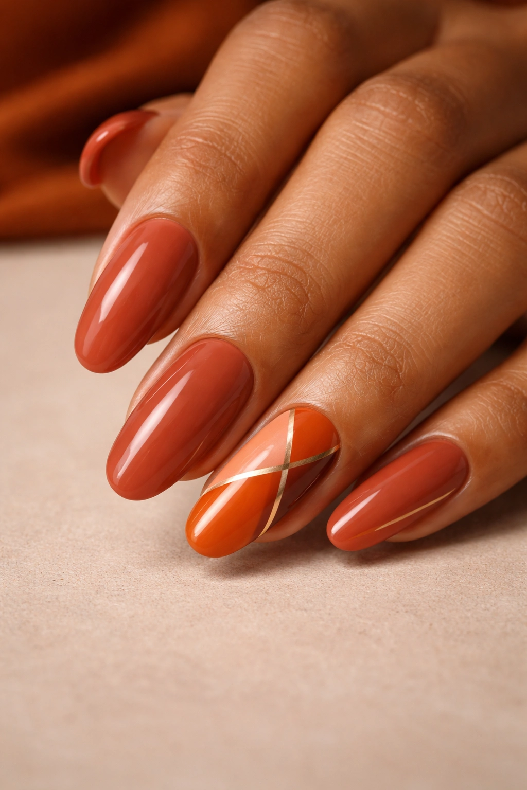 Terracotta nails with burnt orange accents on long round nails in warm studio lighting
