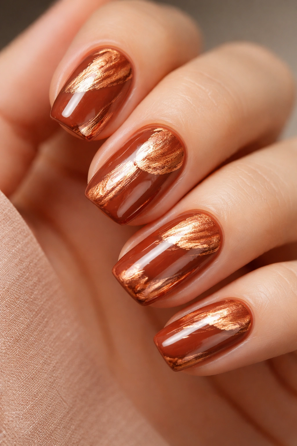 Close-up of squoval nails in terracotta with copper brushstrokes