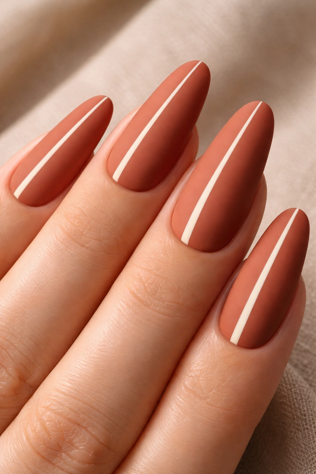 Terracotta matte nails with cream accent stripes