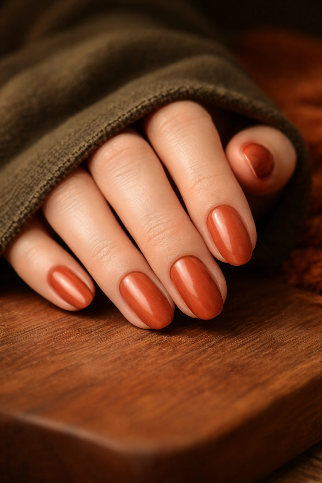 Terracotta nails with burnt orange-brown tone on a hand