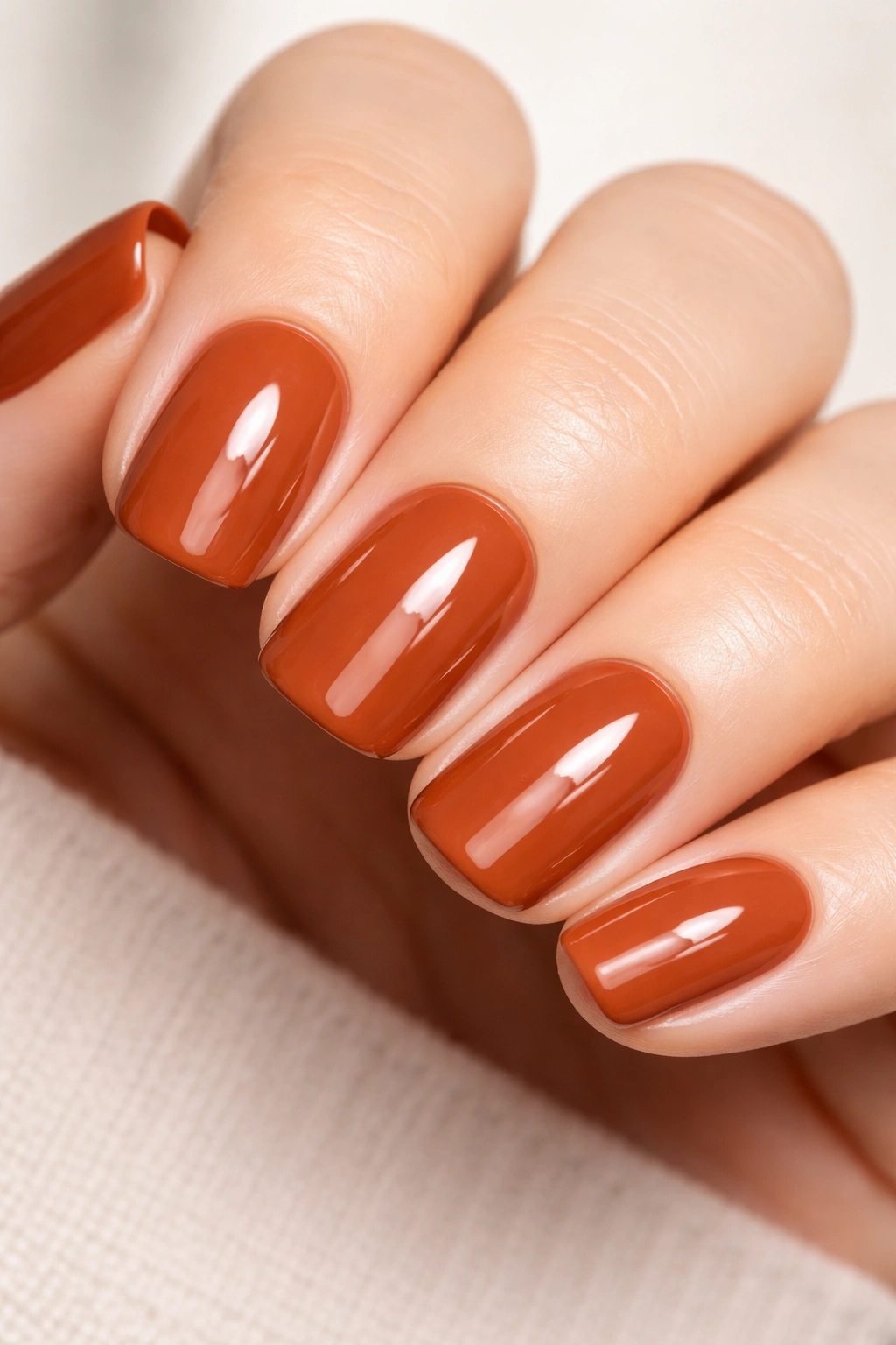 Close-up of solid terracotta nails with high-gloss finish on a neutral background