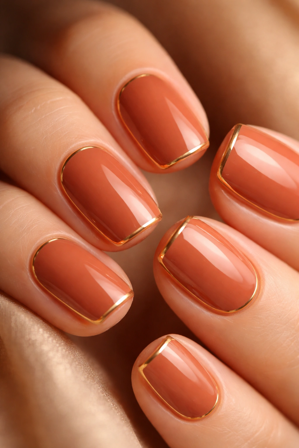 Close-up of warm terracotta squoval nails with thin gold edge accents