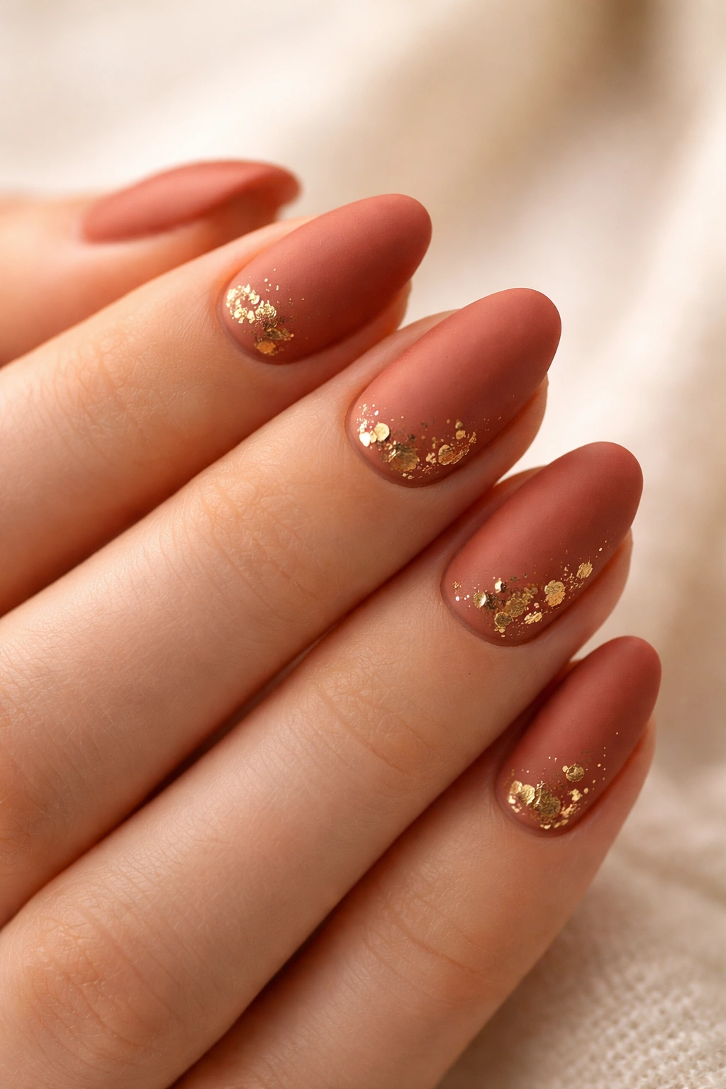 Matte terracotta nails with small gold foil flecks