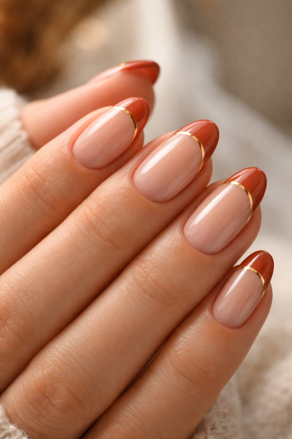 Terracotta-tipped almond nails with a fine gold line