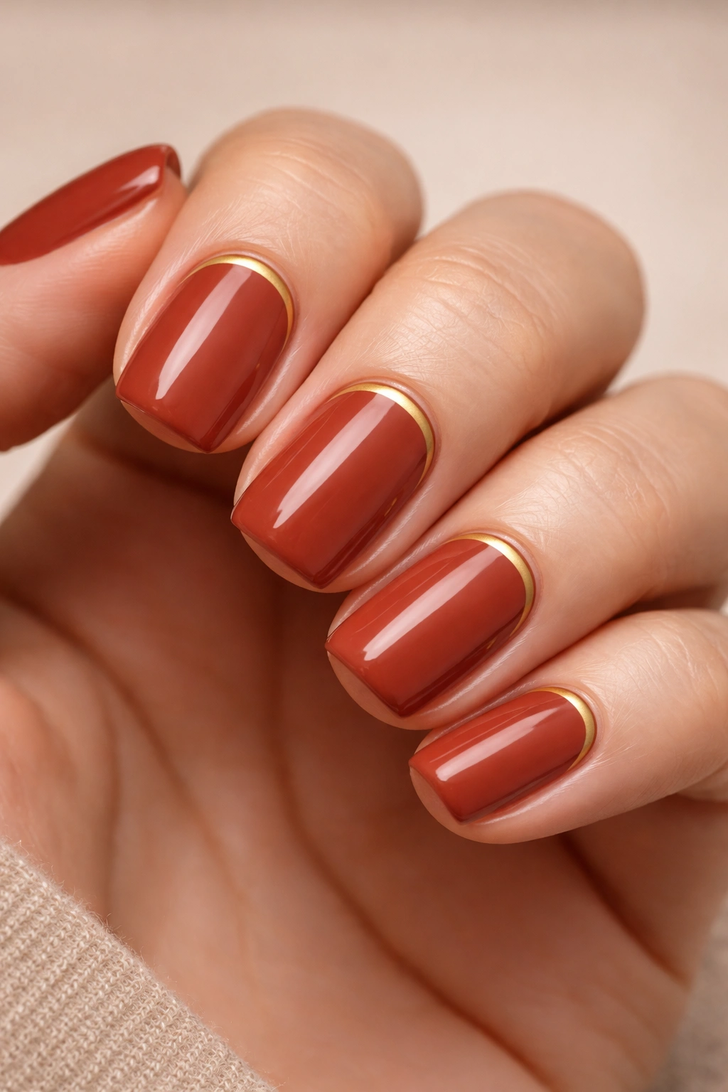 Deep terracotta nails with a gold accent line on short squoval nails