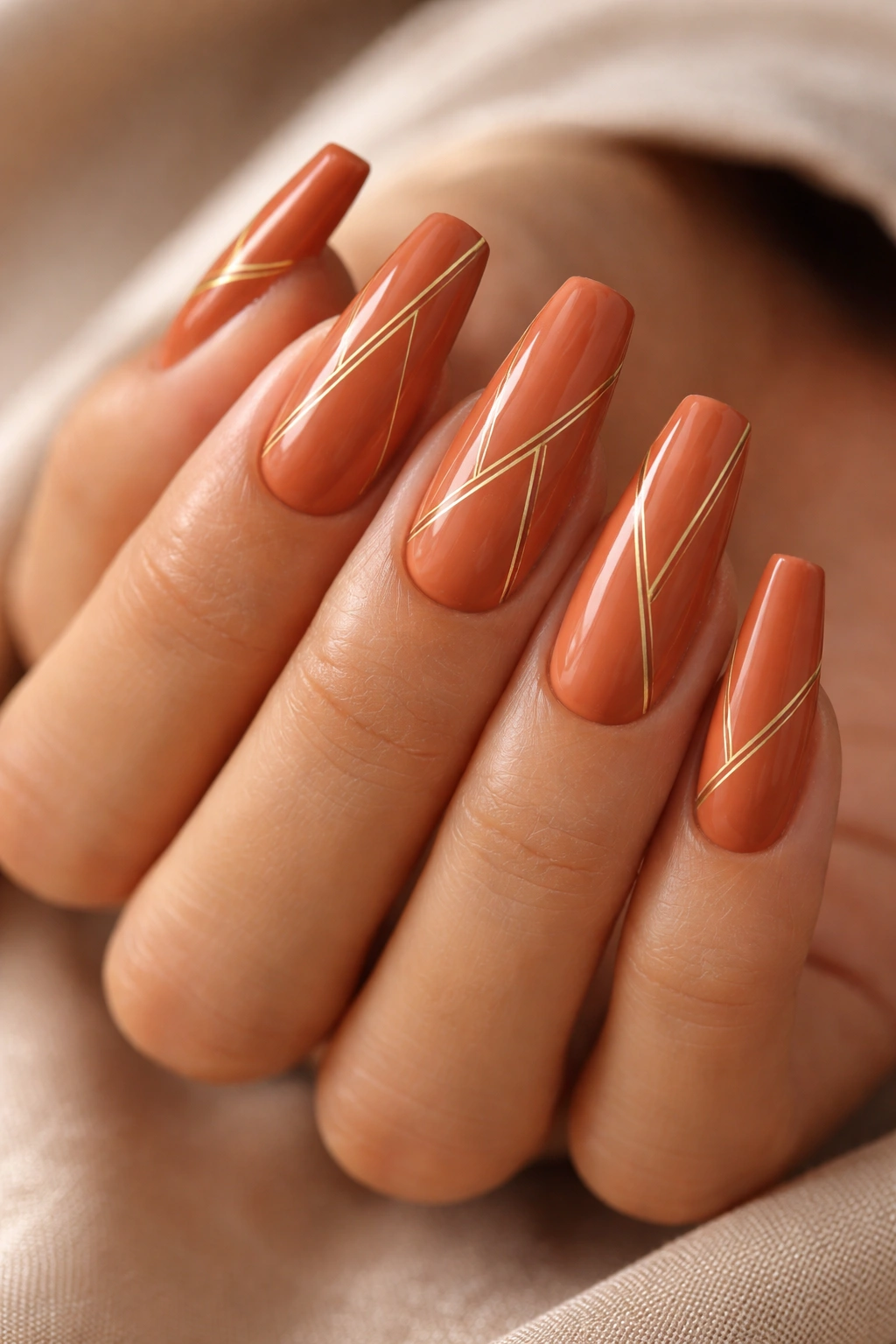Close-up of terracotta orange coffin nails with gold geometric lines