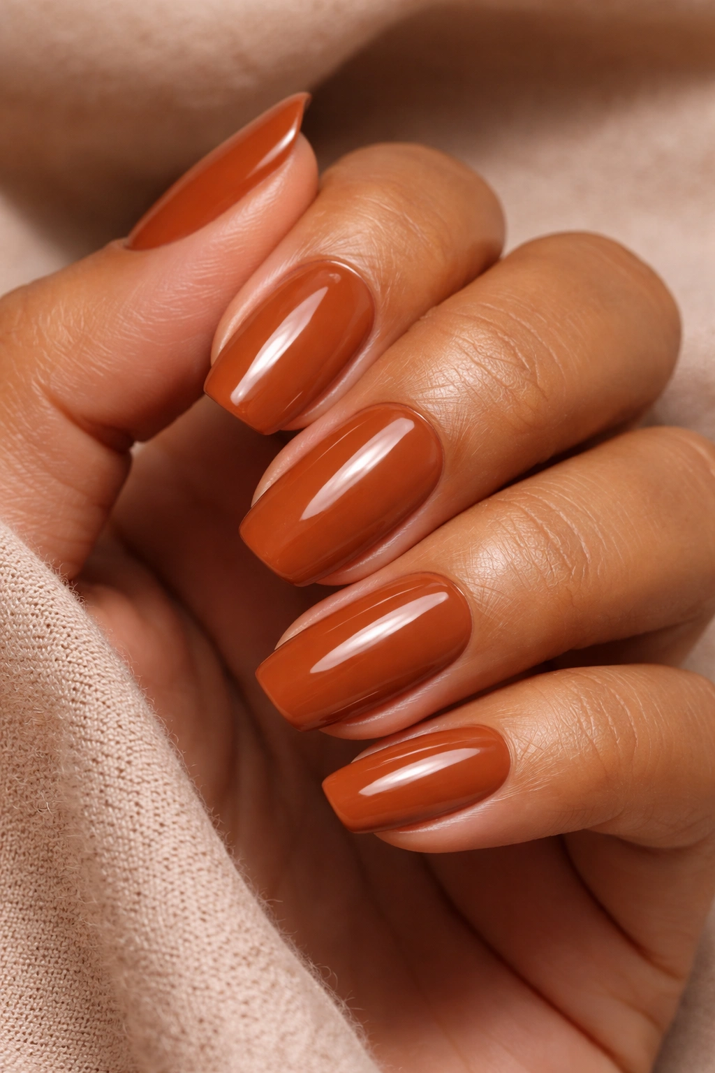 Close-up of terracotta nails on medium skin with glossy finish