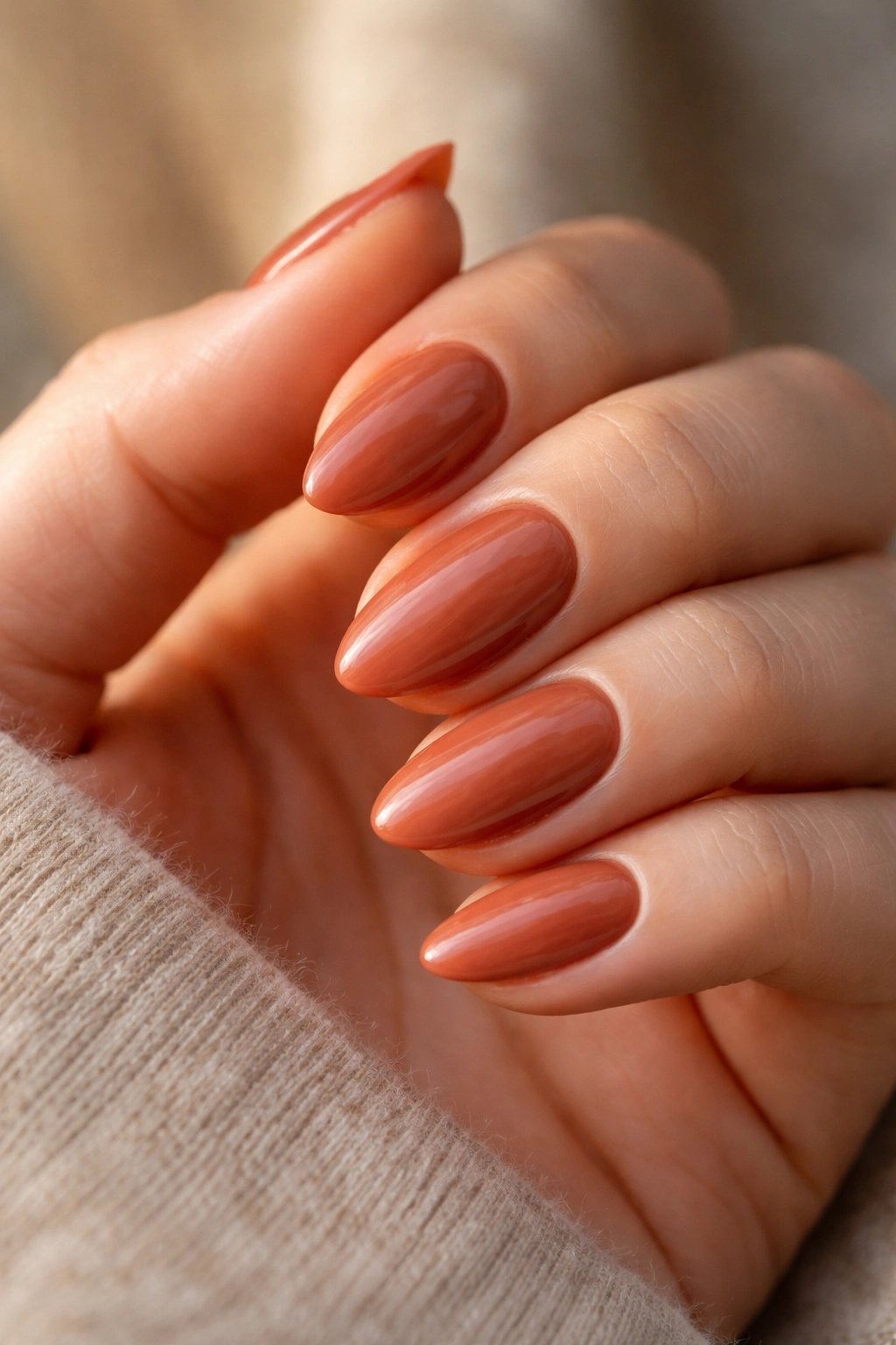 Close-up of terracotta nails with micro-gloss on a short almond shape