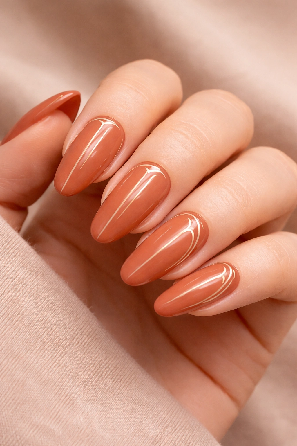 Terracotta nails with minimalist lines on long rounded tips