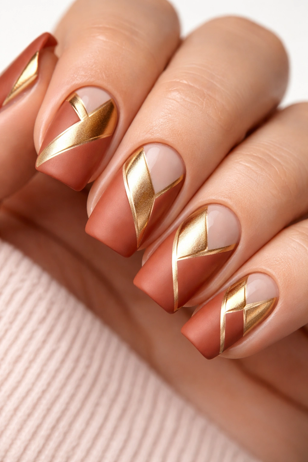 Terracotta squoval nails with geometric negative space and metallic fills copper gold